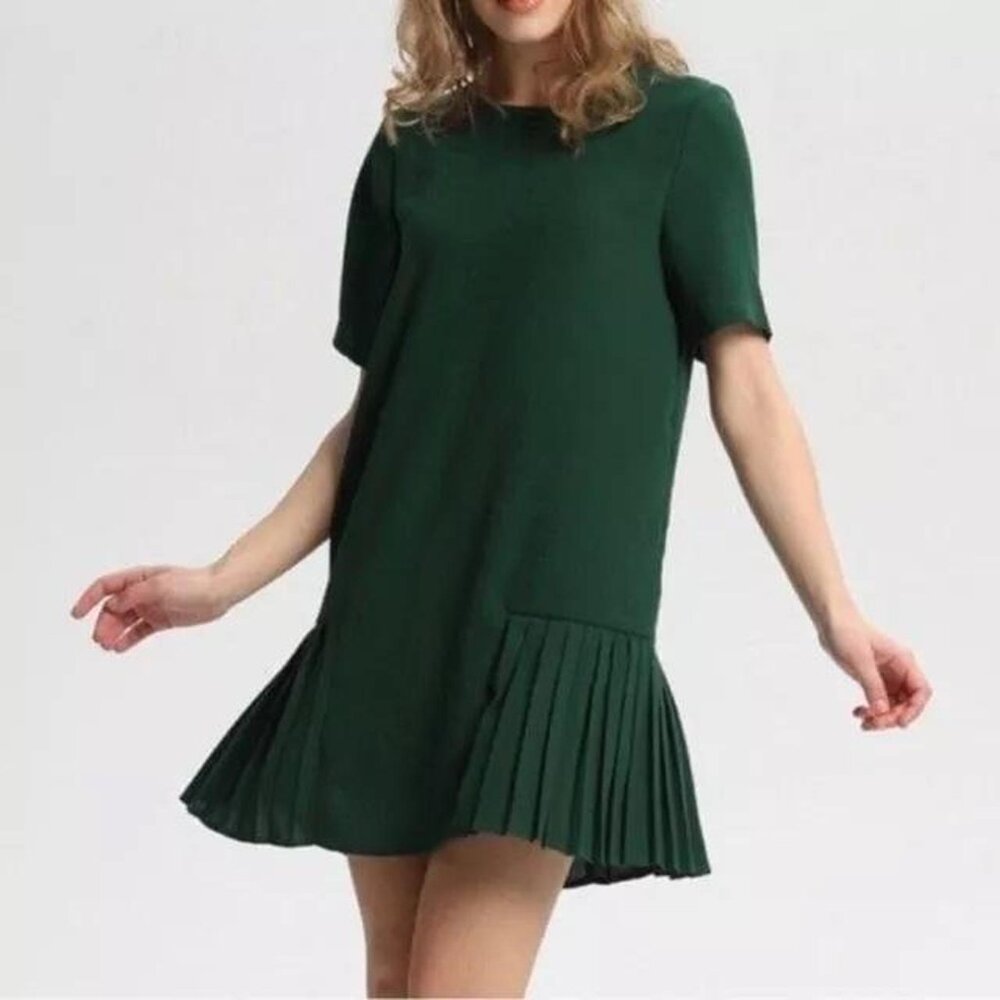ZARA Green Pleated Hem Shift Dress | Short Sleeve | Size L